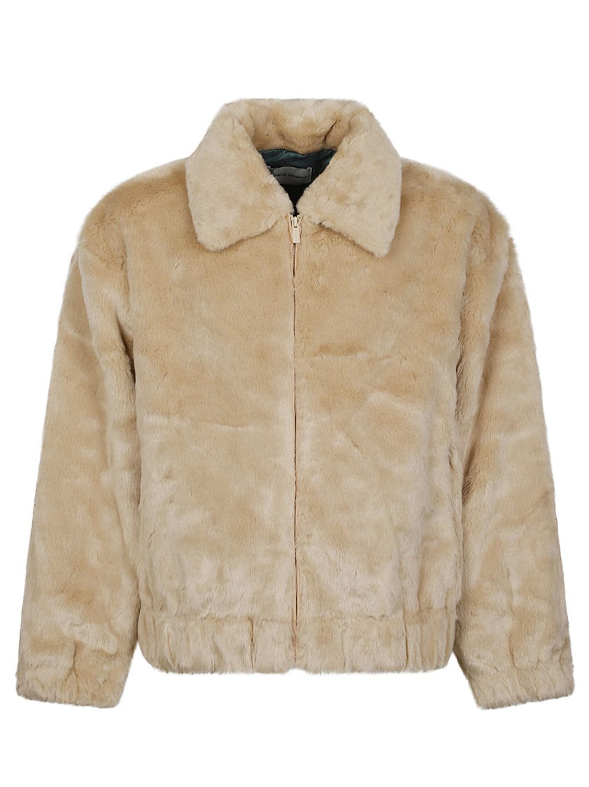 Drôle De Monsieur Slogan Cropped Embroidered Faux Fur Jacket