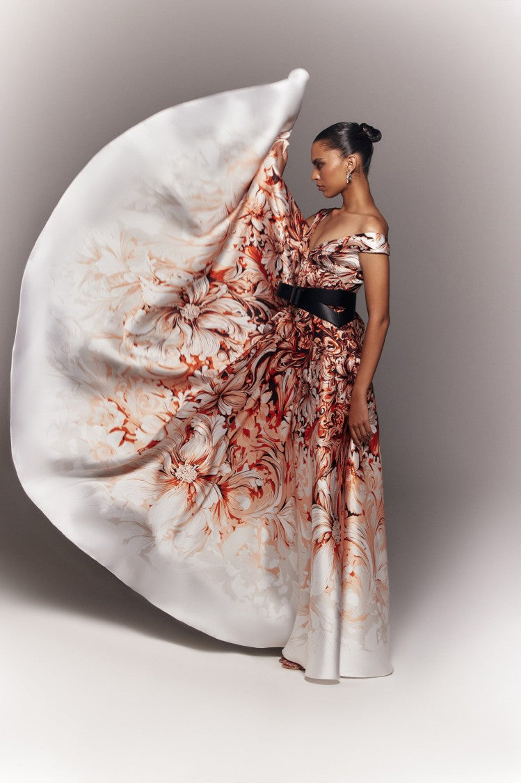 Saiid Kobeisy Mikado Printed Dress With Off-Shoulder Sleeves