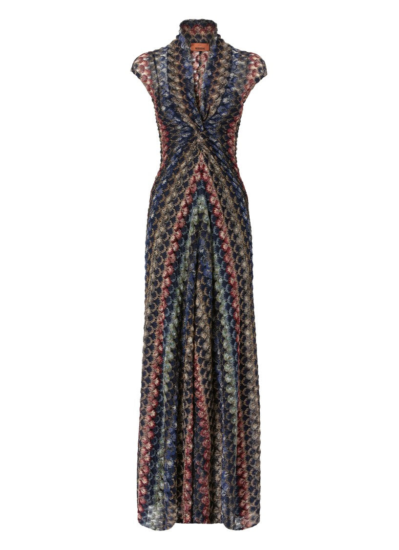 Missoni Blue V-Neck Draped Lurex Viscose Dress