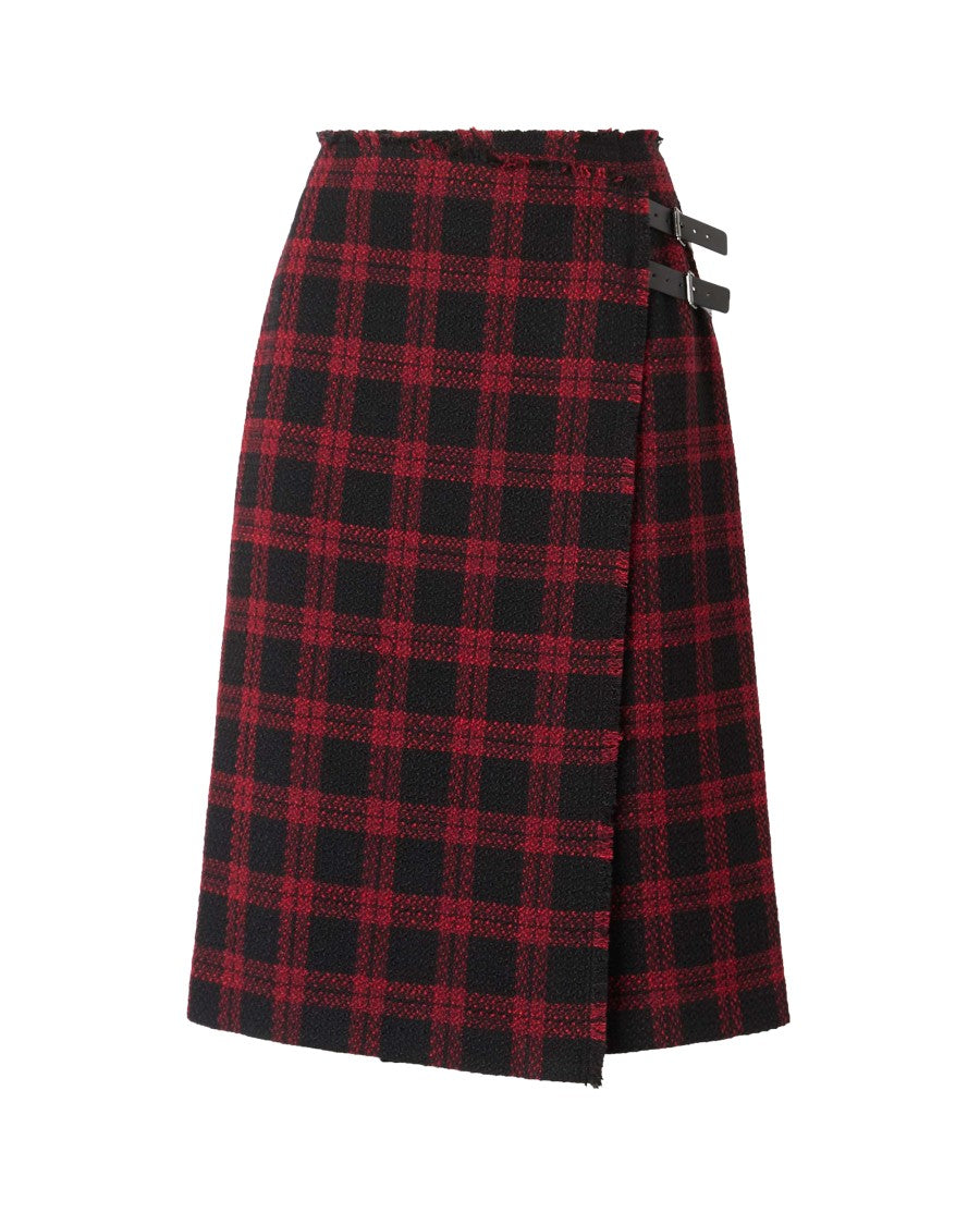 Pinko Asymmetric Wrap Skirt In Black And Red Tweed