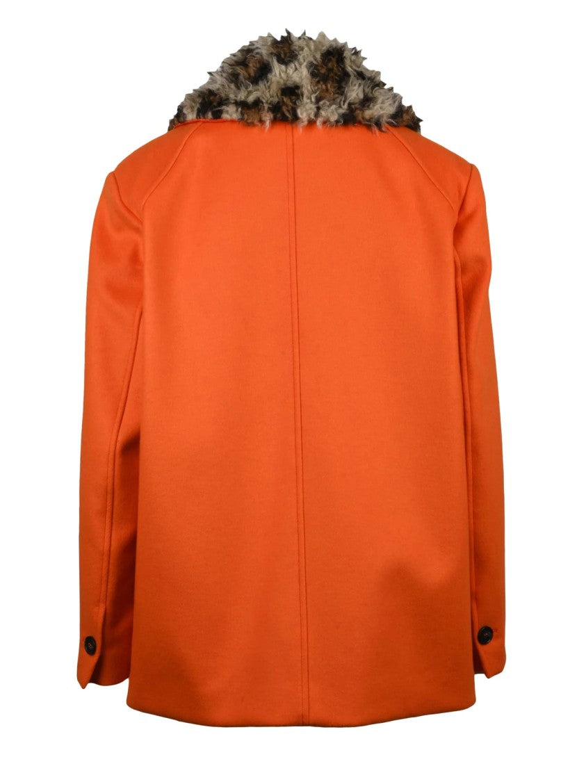 Msgm Long Virgin Wool And Polyamide Coat With Detachable Plush Collar