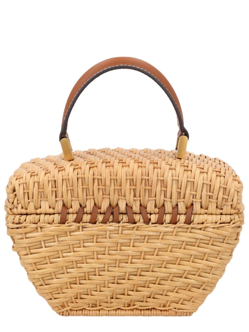 Cult Gaia Beige Artisanal Structured Rattan Leather-Trim Shoulder Bag