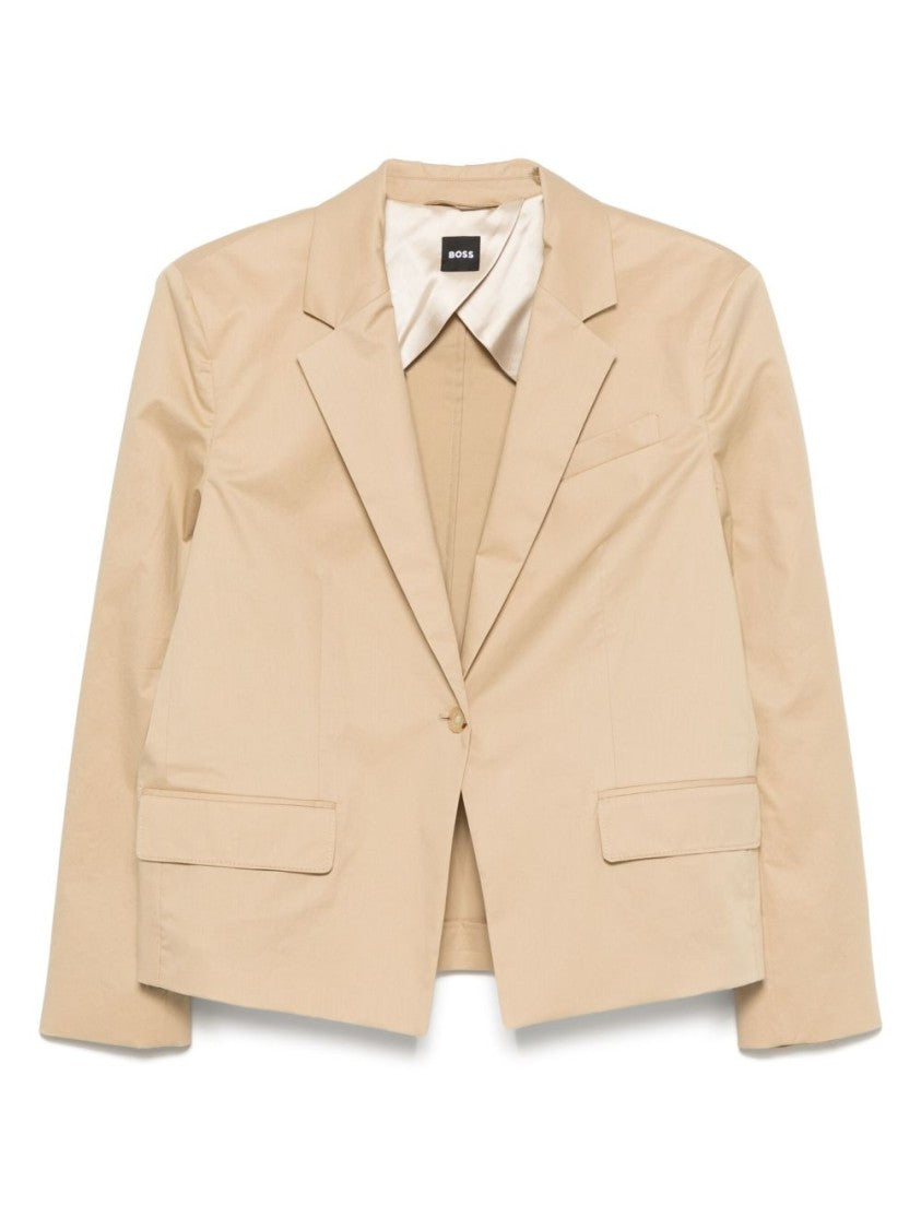 Boss Light Brown Cotton Blazer With Structured Shoulder Pads