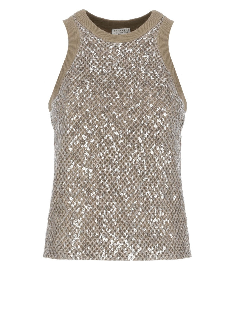 Brunello Cucinelli Sleeveless Cotton Top With Sequins Accents