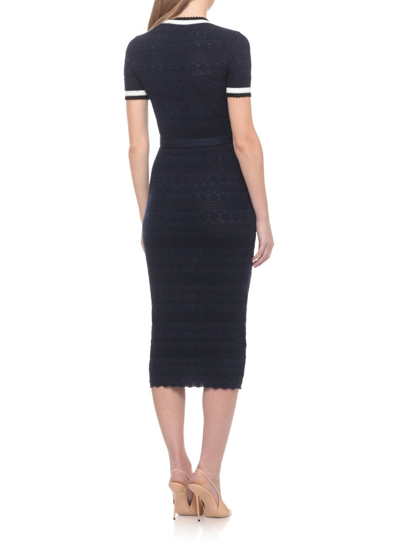 Self-Portrait Pointelle Knit Midi Dress With Decorative Pin And Four Pockets