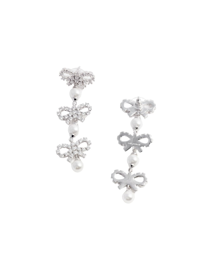 Self-Portrait Micro Bow Pearl Tiered Drop Earrings With Crystal Accents