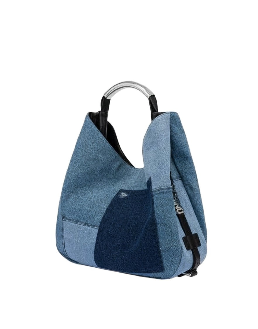 Moschino Patchwork Denim Shoulder Bag With Silver-Tone Accents
