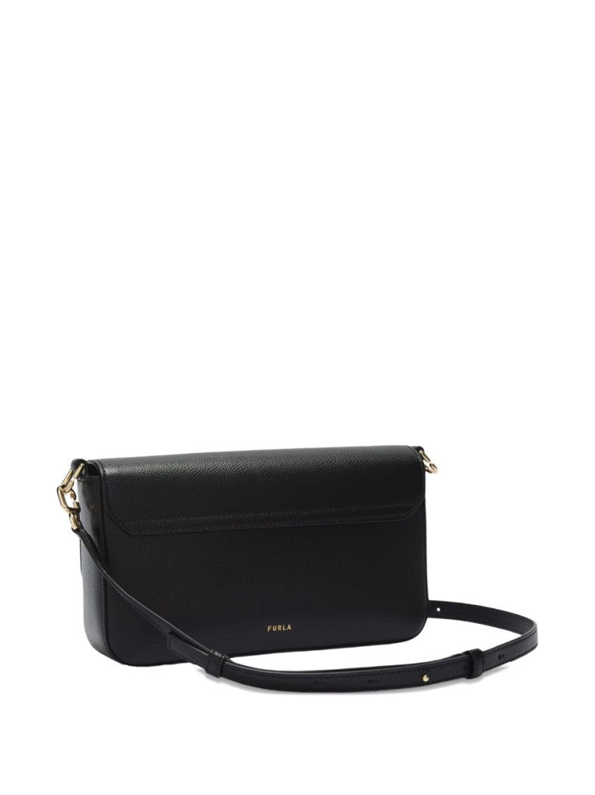 Furla Foldover Black Shoulder Bag With Gold Hardware