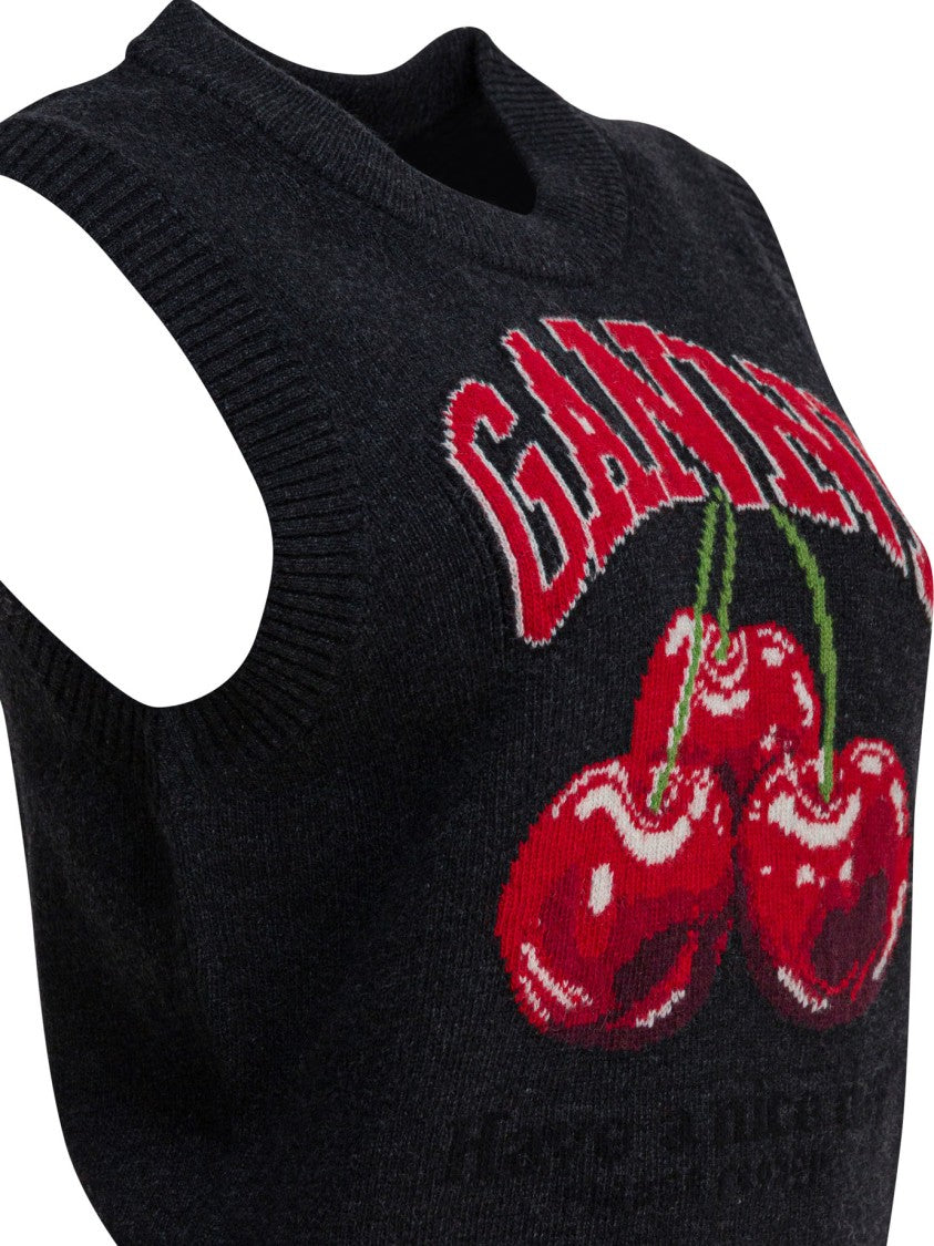 Ganni Wool Vest With Bold Cherry Graphic