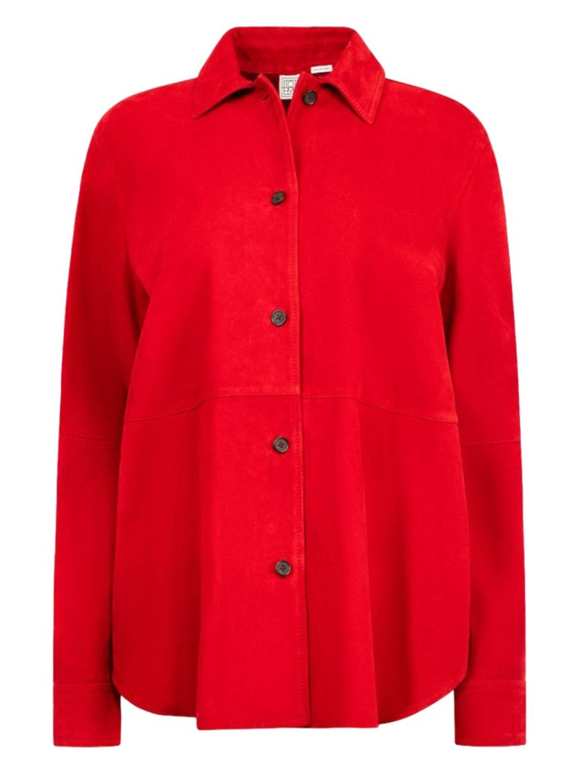 Totême Suede Texture Overshirt In Vibrant Red Lamb Leather
