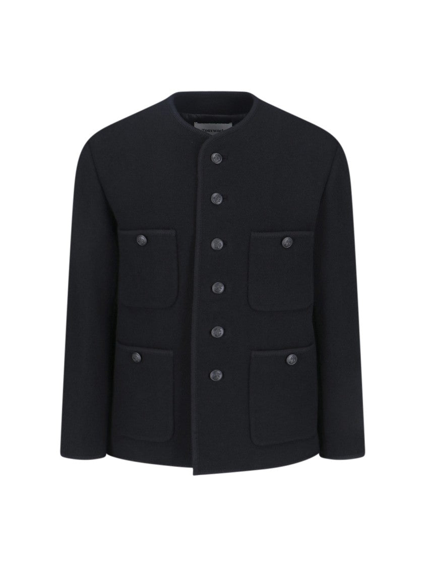 Tonywack Black Collarless Blouson Jacket With Nautical Button Detail