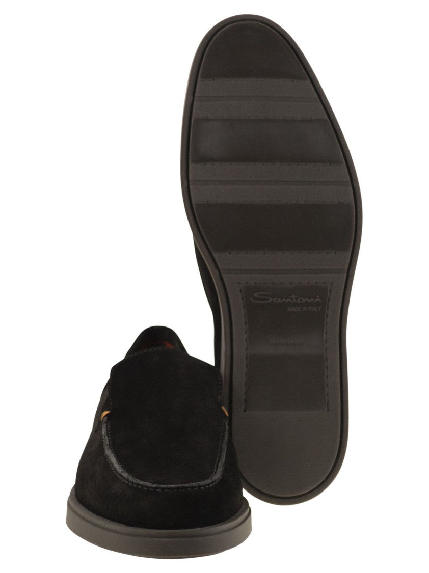 Santoni Fine Suede Moccasin With Signature Orange Accents