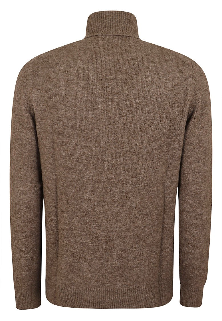 Ballantyne Roll Neck Brown Knit Pullover With Ribbed Details