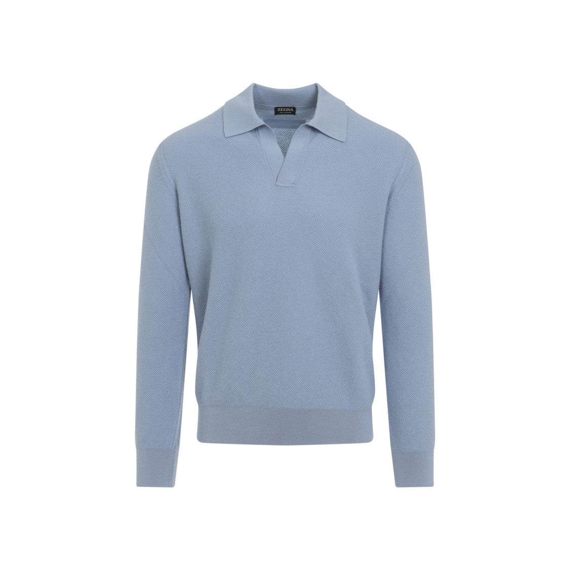 Zegna Light Blue Cashmere Polo With Fine Ribbed Edges