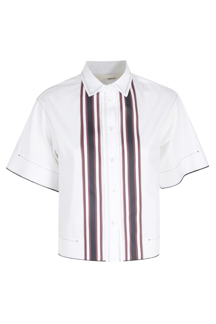 Tela White Gimmy Striped-Front Short-Sleeve Cotton Shirt