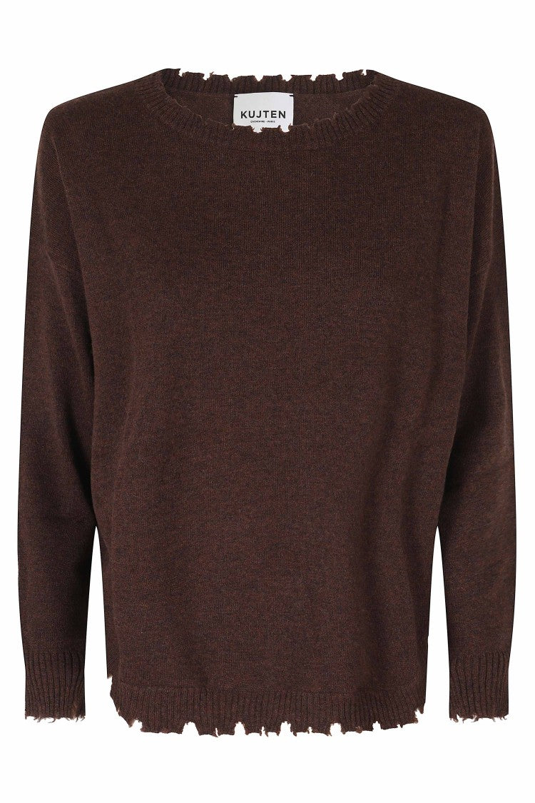 Kujten Mela Brown Fringed Crewneck Cashmere Sweater