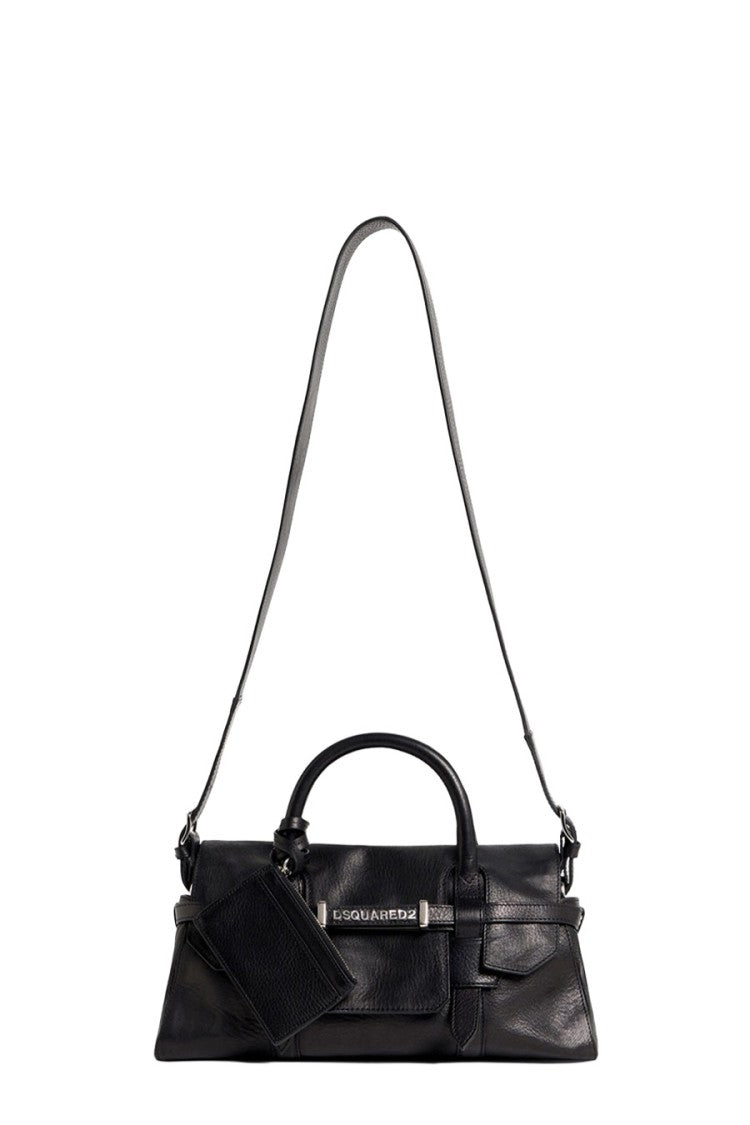 Dsquared2 Black Leather Buckle-Strap Shoulder Bag
