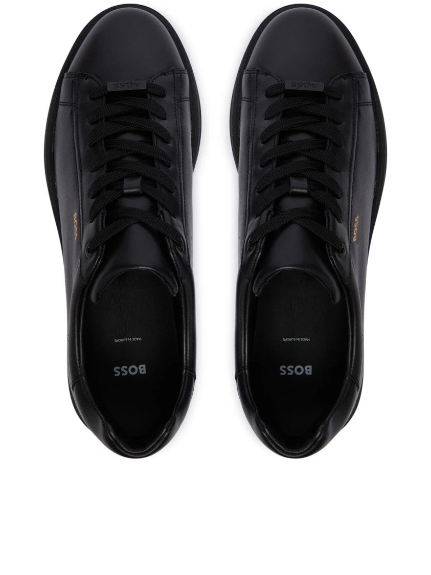 Hugo Boss Black Smooth Leather Gold Logo Sneakers