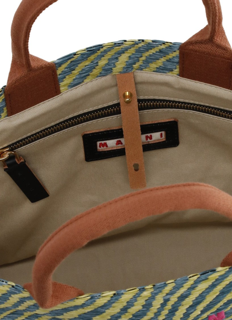 Marni Rectangular Shopping Bag With Contrasting Logo And Striped Pattern
