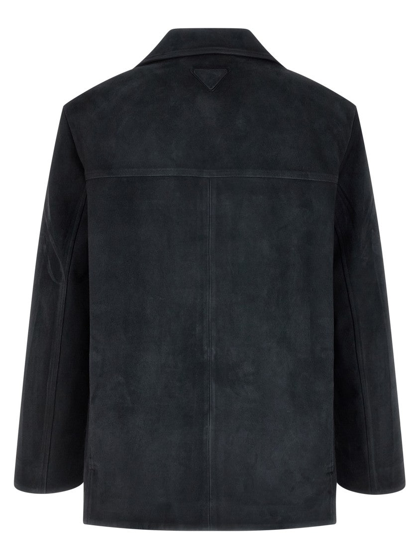 Prada Black Suede Jacket With Classic Shirt Collar