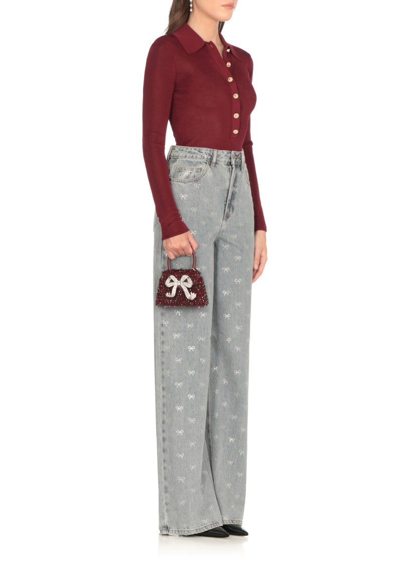 Self-Portrait Light-Blue Wide-Leg Cotton Jeans With Bow