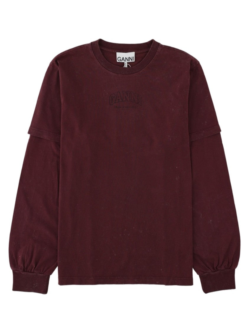 Ganni Burgundy Puffed Sleeve Cotton Sweatshirt