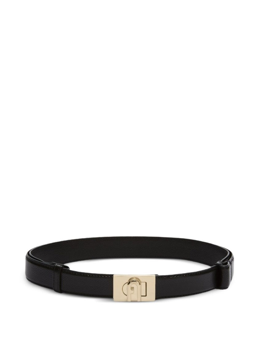 Furla Black Textured Leather Logo Belt