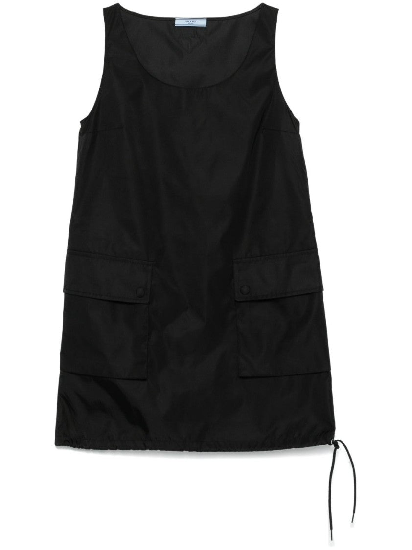 Prada Sleeveless Black Dress With Adjustable Hem And Pockets