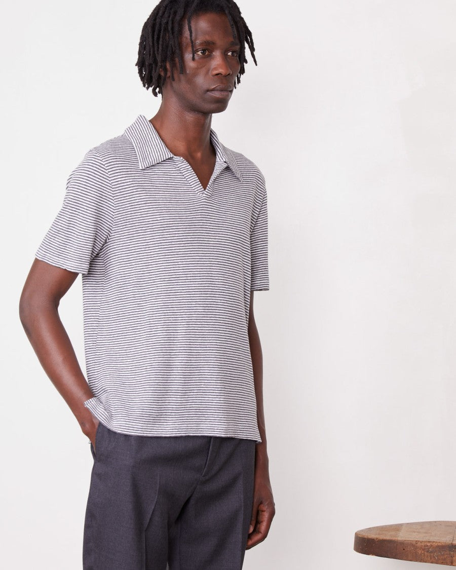 Officine Generale Yarn-Dyed Short-Sleeve Polo With Johnny Collar