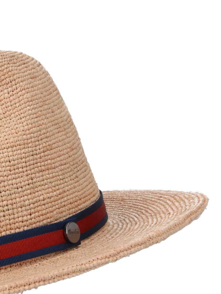 Borsalino Beige Raffia Fedora Ribbon Hat