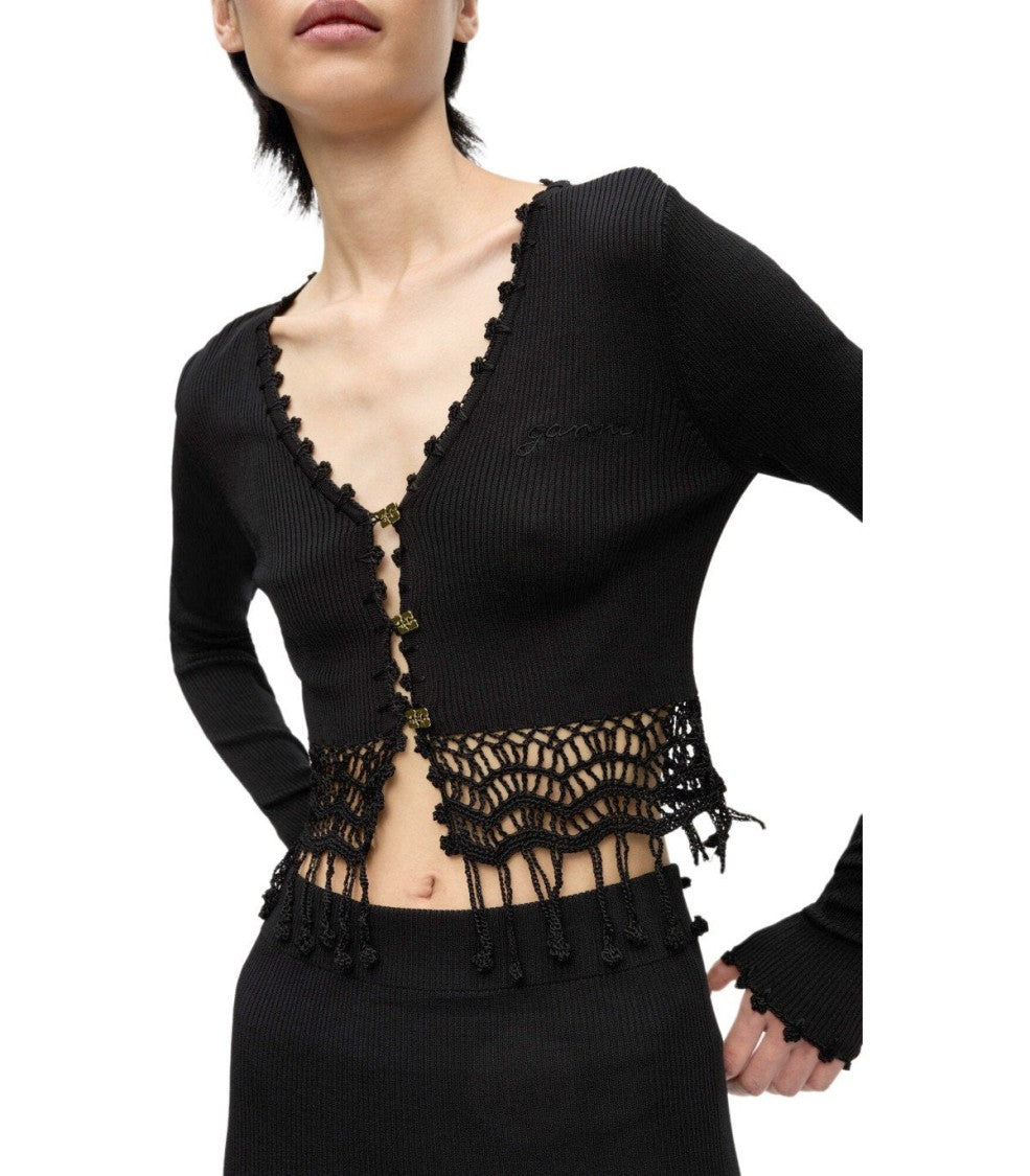 Ganni Black Crochet Cropped Cardigan