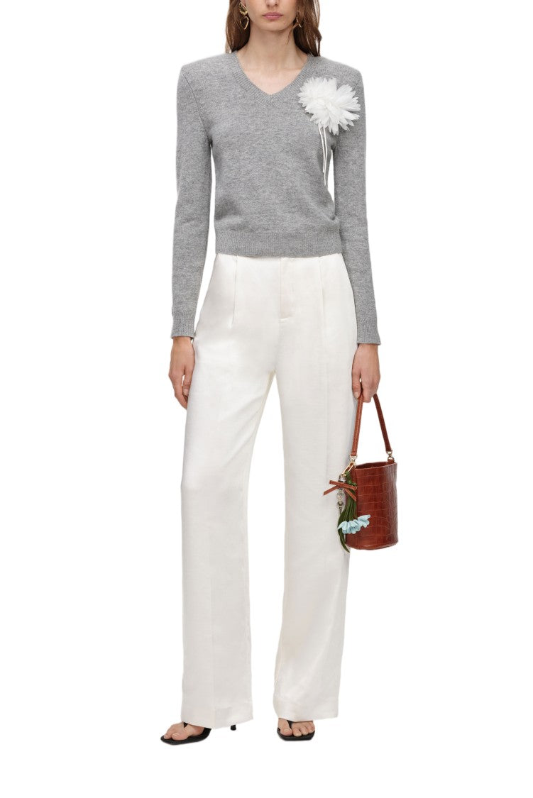 Self-Portrait Fitted Grey Knit Sweater With Floral Applique