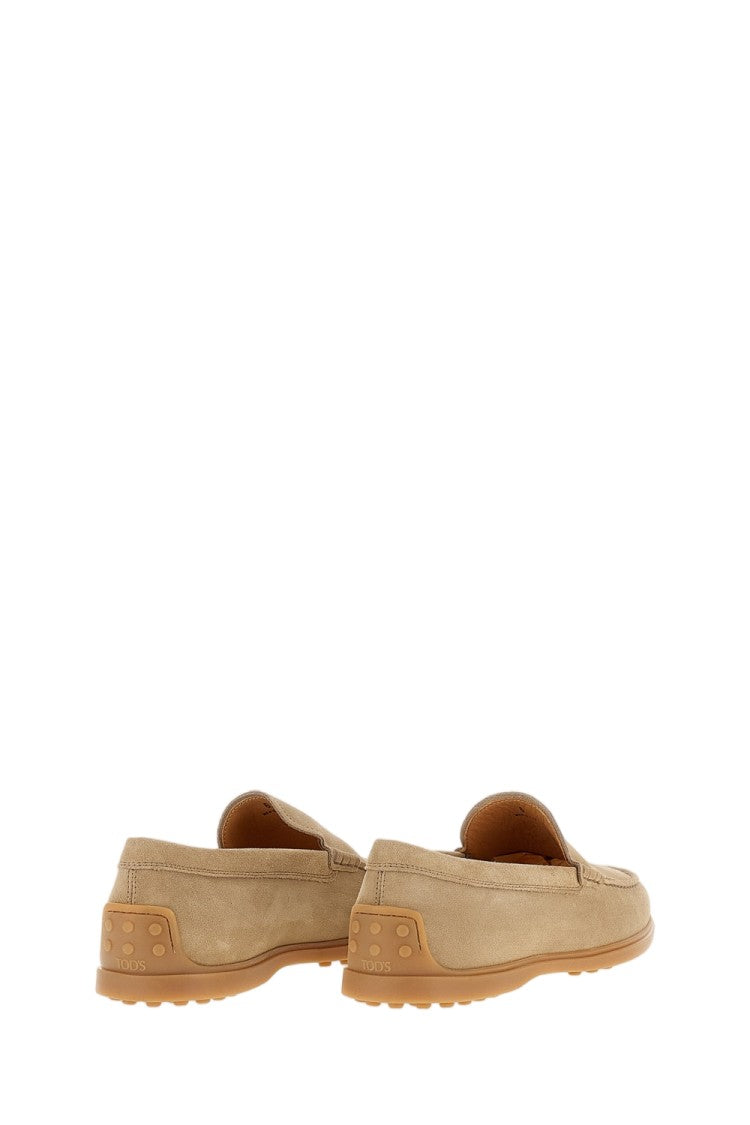 Tod's Beige Suede Slipper Loafers With Embossed Monogram