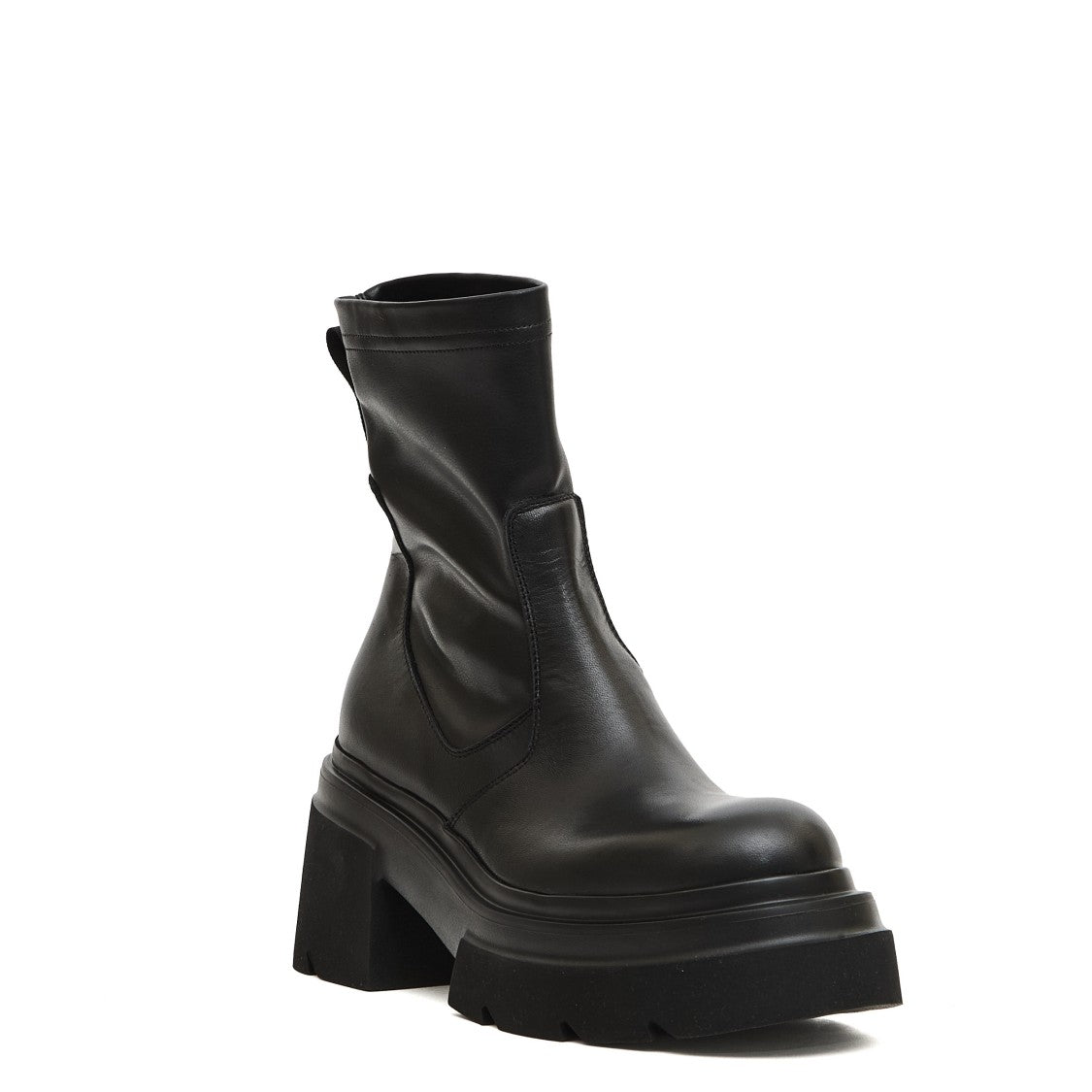 Elena Iachi Chunky Black Stretch Leather Ankle Boots With Rubber Sole