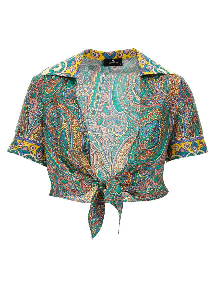 Etro Cropped Silk Shirt With Paisley Print And Knotted Waist