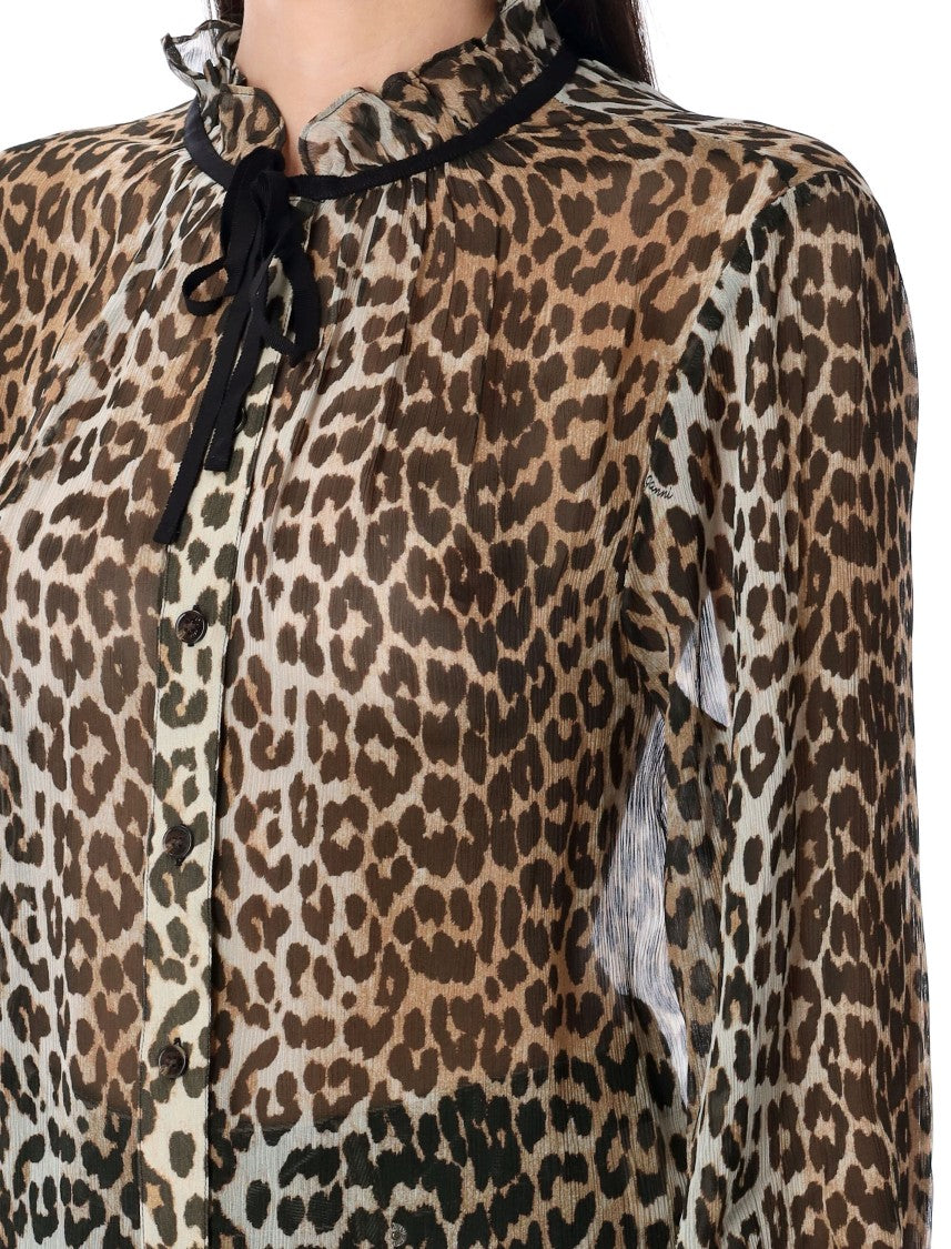 Ganni Leopard Print Chiffon Tie String Shirt