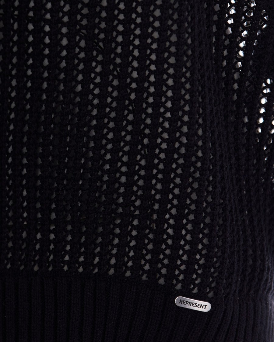 Represent Open-Knit Jet Black Polo Shirt With Stylish Details