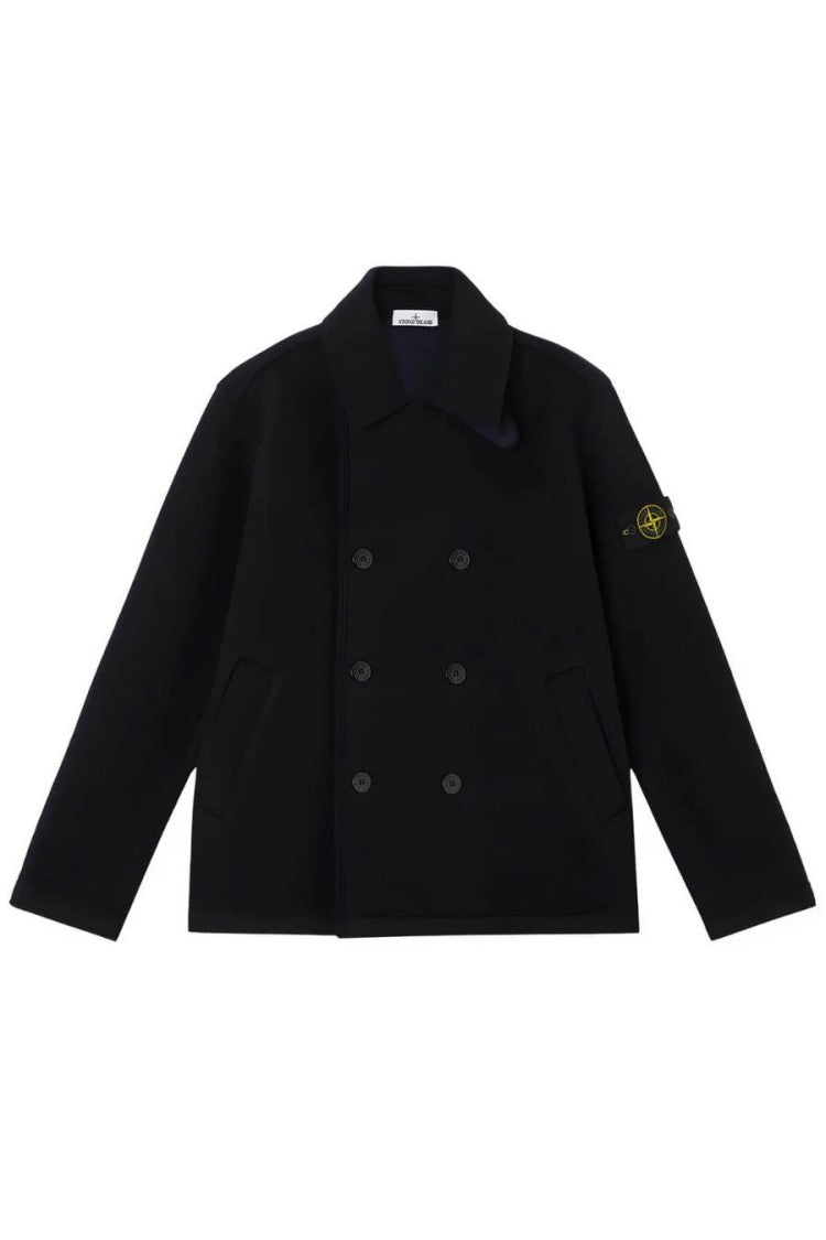 Stone Island Navy Virgin Wool Double-Breasted Peacoat