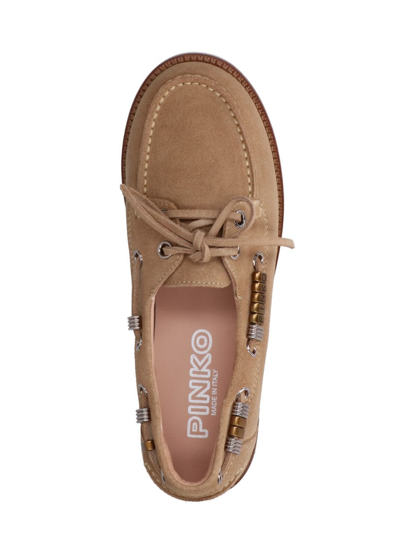 Pinko Beige Suede Lace-Up Moccasin Shoes