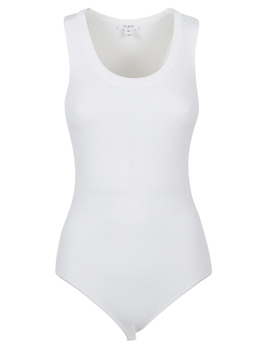 Alaïa Fitted Ribbed Knit Bodysuit With Wide Scoop Neckline