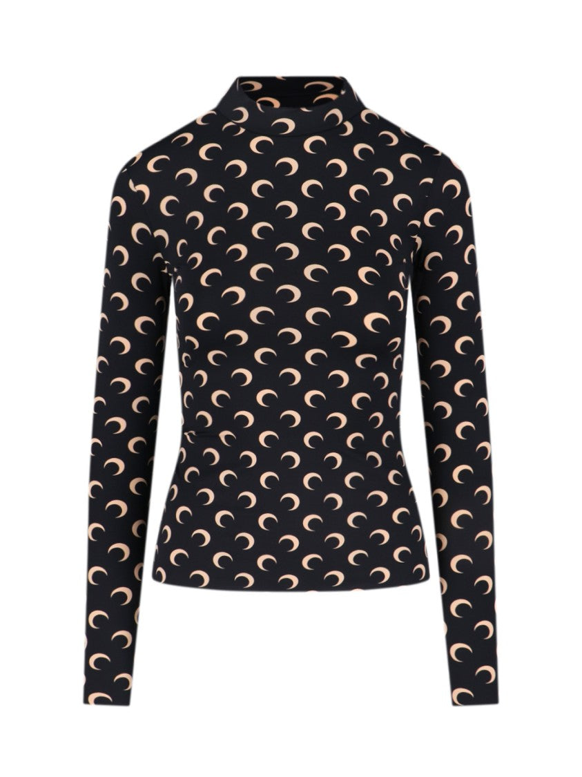 Marine Serre Fitted Long-Sleeve Top With Crescent Moon Pattern