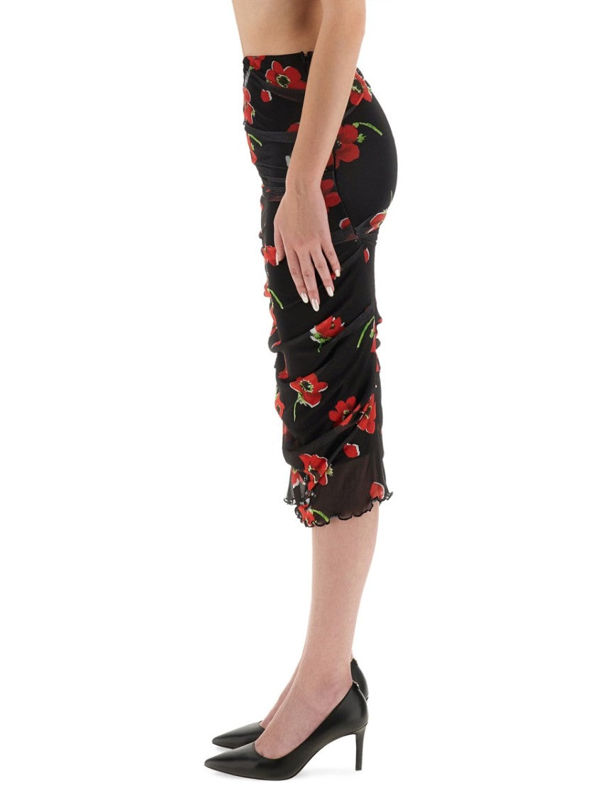 Moschino Scalloped Hem Floral Mesh Midi Skirt