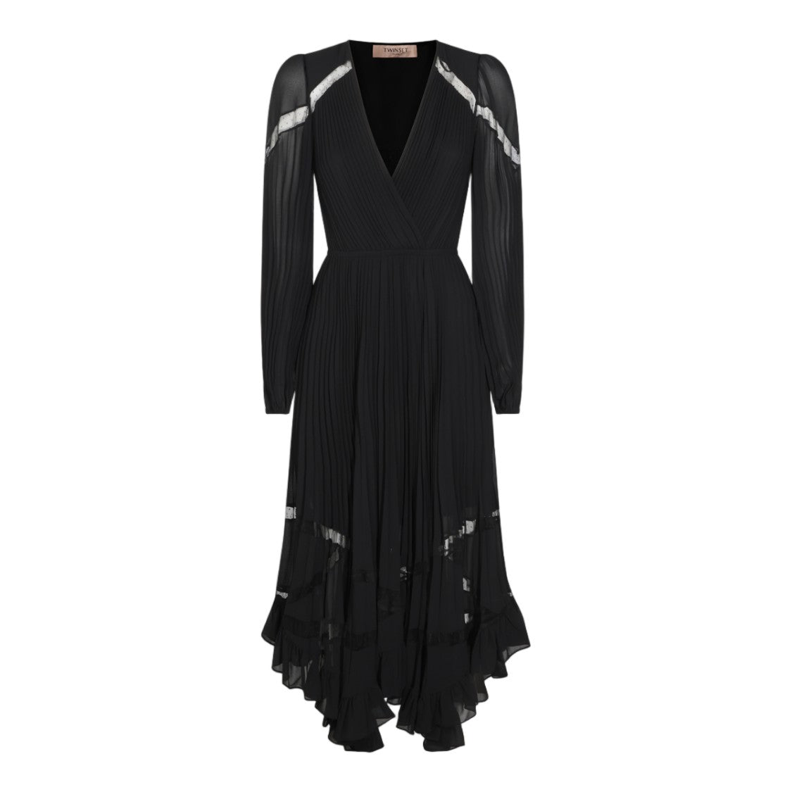 Twin-Set Asymmetrical Sheer-Sleeve Pleated Midi Dress