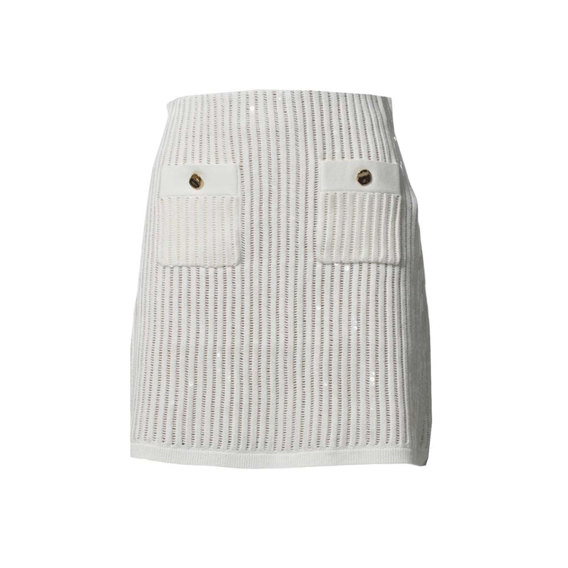 Self-Portrait Mini Skirt In Semi-Sheer White Knit With Vertical Openwork Stripes