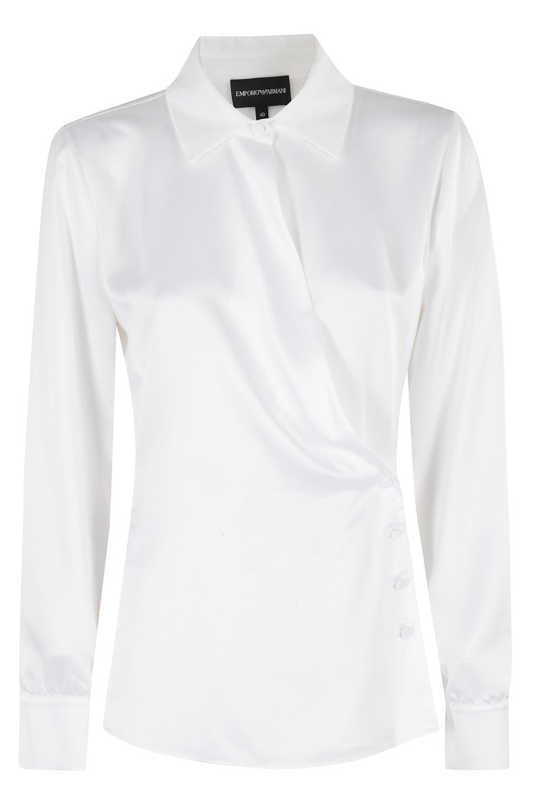 Emporio Armani Satin-Finish White Shirt With Asymmetrical Closure