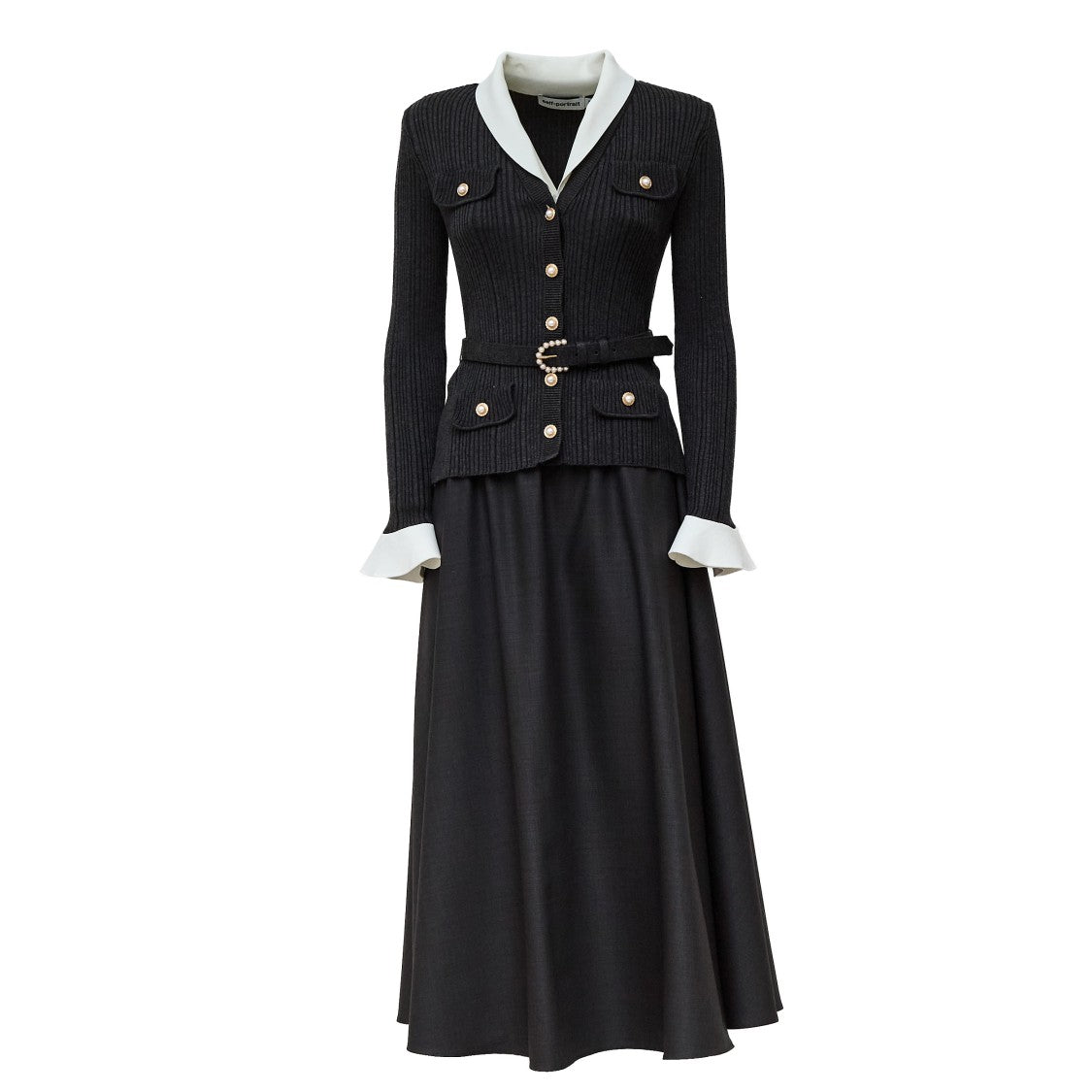 Self-Portrait Knit Twill Midi Dress With Jewel Buttons And Removable Straps
