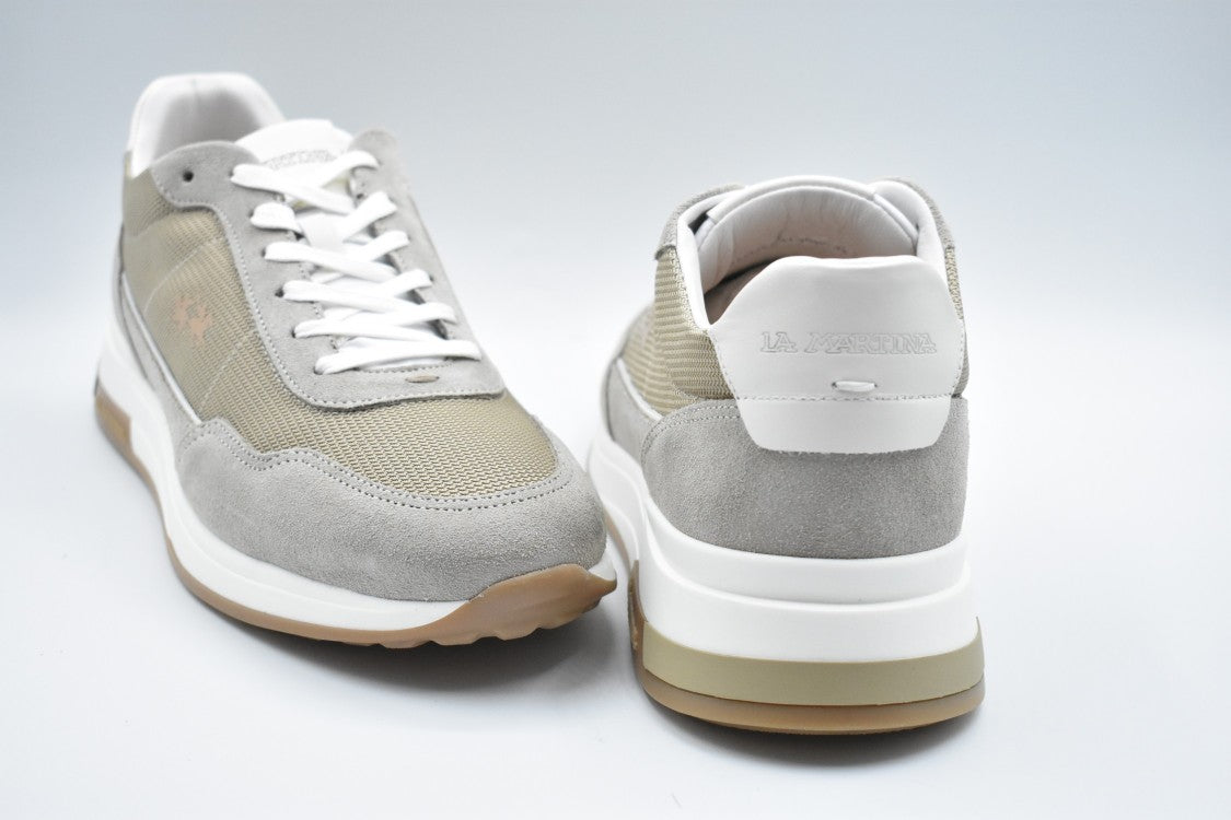 La Martina Beige-Bianco Perforated Suede Sneakers