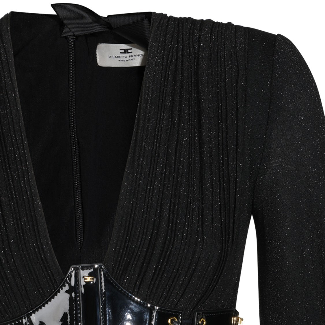 Elisabetta Franchi Deep V-Neck Glossy Corset Belt Maxi Dress