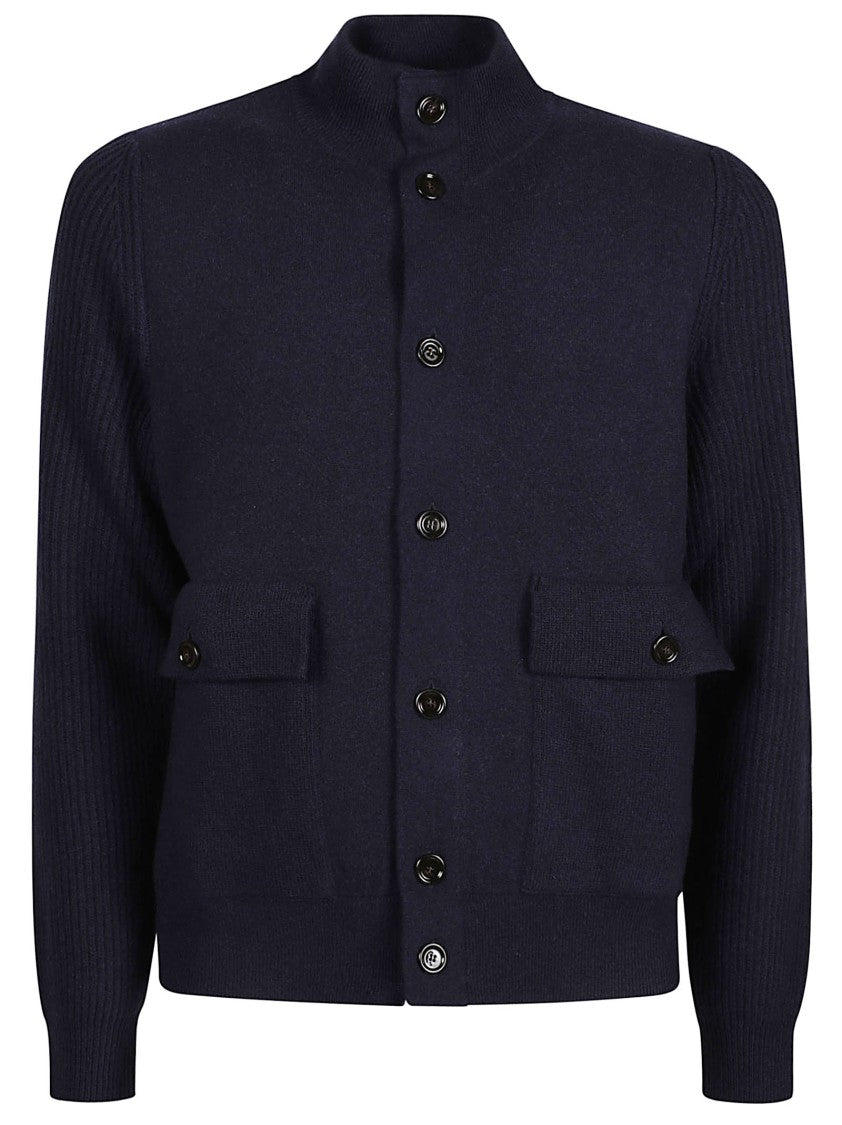 Lardini Structured Blue Wool Jacket With High Collar And Flap Pockets