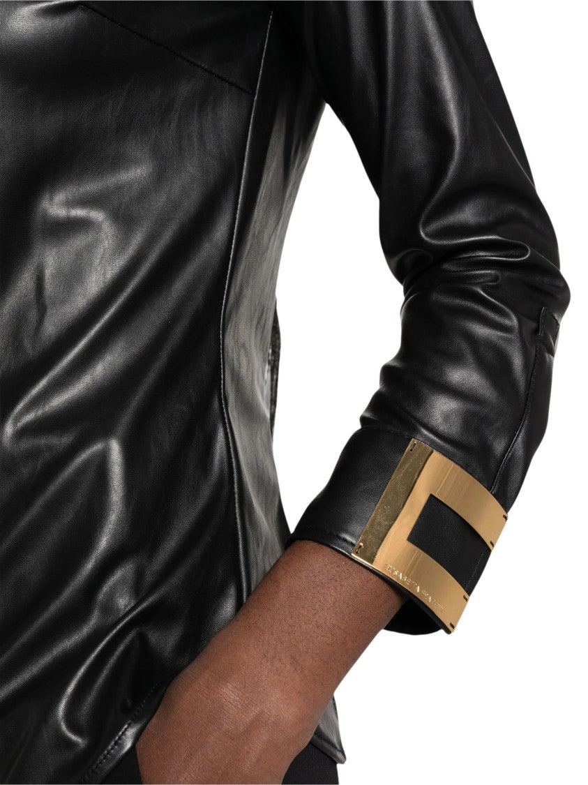Elisabetta Franchi Black Leather Shirt With Geometric Gold Accents